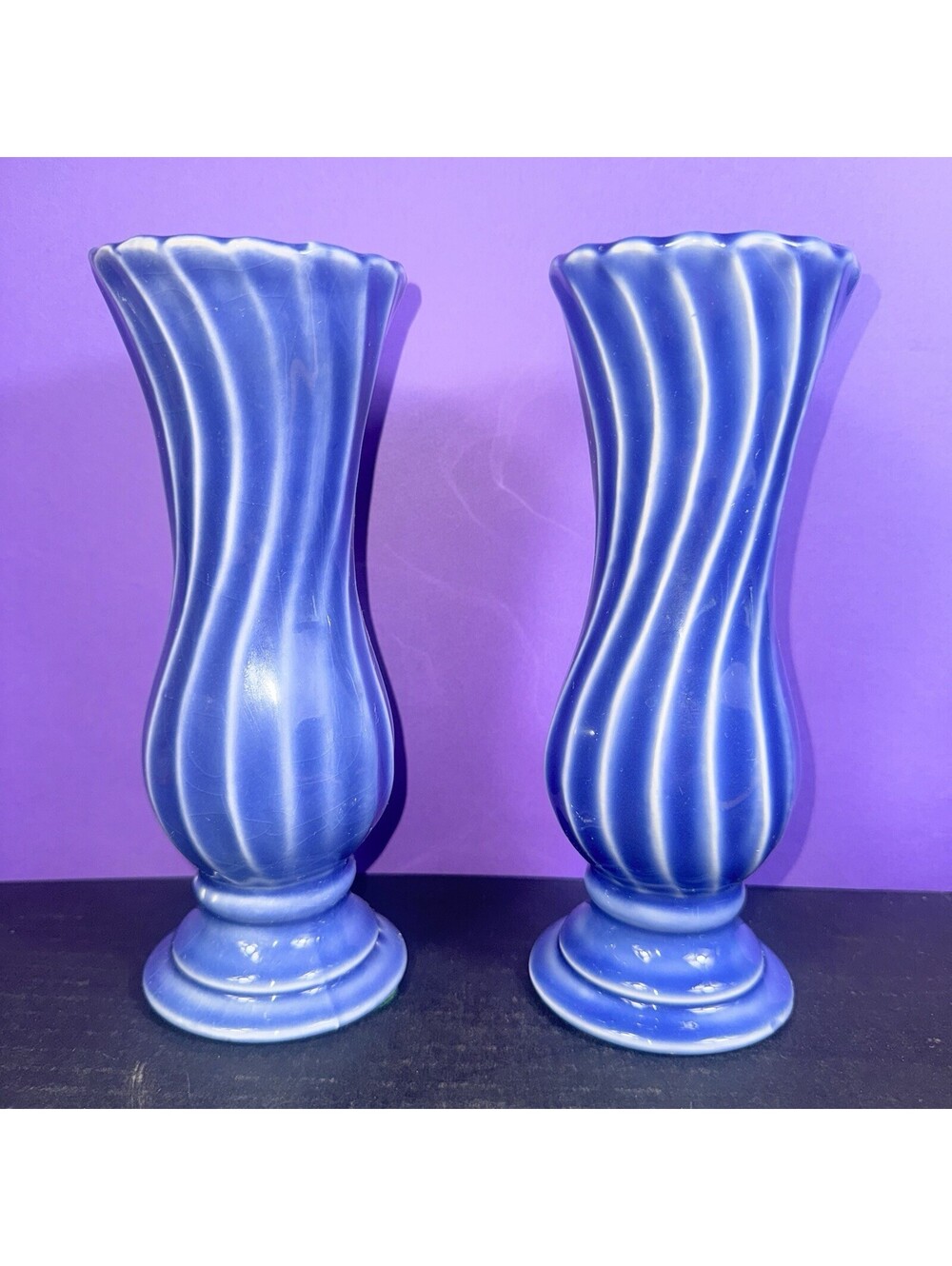 Pair Haeger Blue Swirl Vases 8” Satin Finish Pedestal Base 2004 Model 629-25